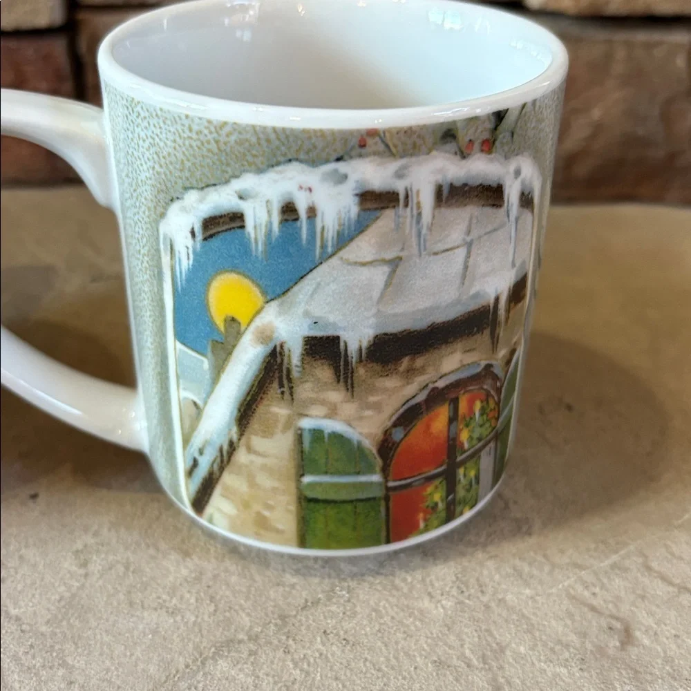 Pottery Barn ceramic holiday mugs with Holly and poinsettias